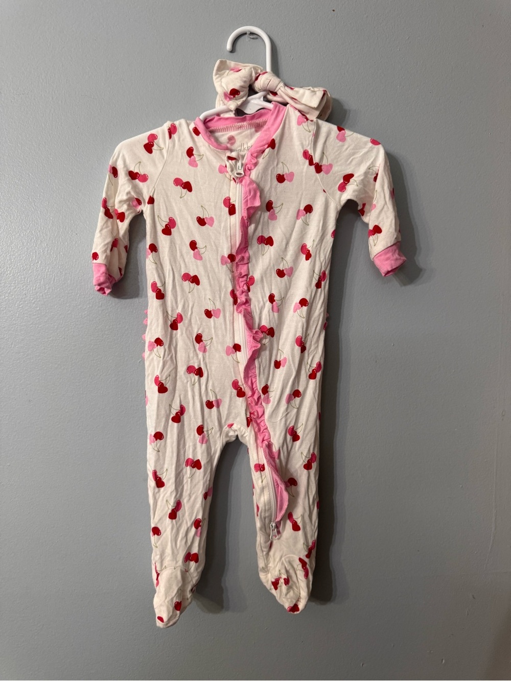 Baby Girls Pink Cherry Print One-Piece bamboo Footed Pajamas with Matching Bow